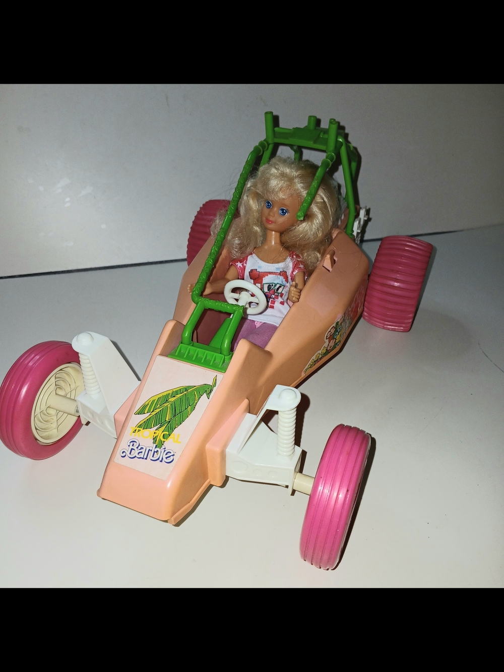 Mattel Barbie Peach Off-Road Buggy with Pink Wheels and Green Roll Cage Vintage